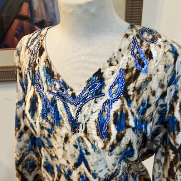 Chico’s Blue/Brown Patterned Tunic w/ Sequin Embellishments Size Large-2 - Picture 5 of 11